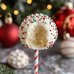 Christmas decorated white cake pop with missing bite
