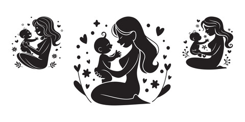 Naklejka premium Mom and son, mother and son black silhouette