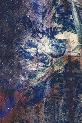 Dark, moody abstract composition with clouded indigo and black textures resembling a deep-space nebula or underwater cavern. The image evokes mystery, shadow, and quiet celestial or aquatic depth.