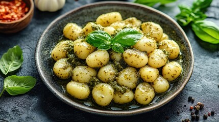 Delicious pesto-covered pasta dumplings on a plate.