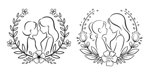 Mom and son, mother and son black silhouette