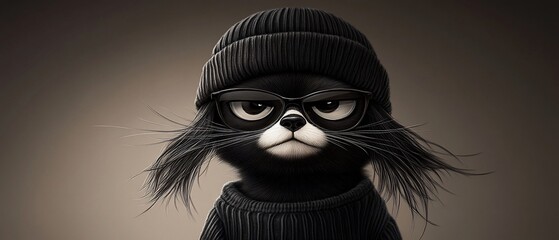 Cartoon cat with beanie, glasses, sweater, and a grumpy expression