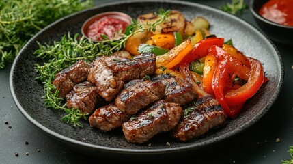 Grilled meat and colorful vegetables served on a dark plate.