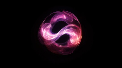 Abstract neon shape with swirling pink and purple light pattern on a dark background. Futuristic digital concept for website template.