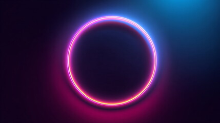 Bright glowing neon circle with light flare effect on abstract dark background, futuristic technology concept for website banner