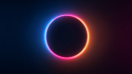 Obraz premium Bright glowing neon circle with light flare effect on abstract dark background, futuristic technology concept for website banner