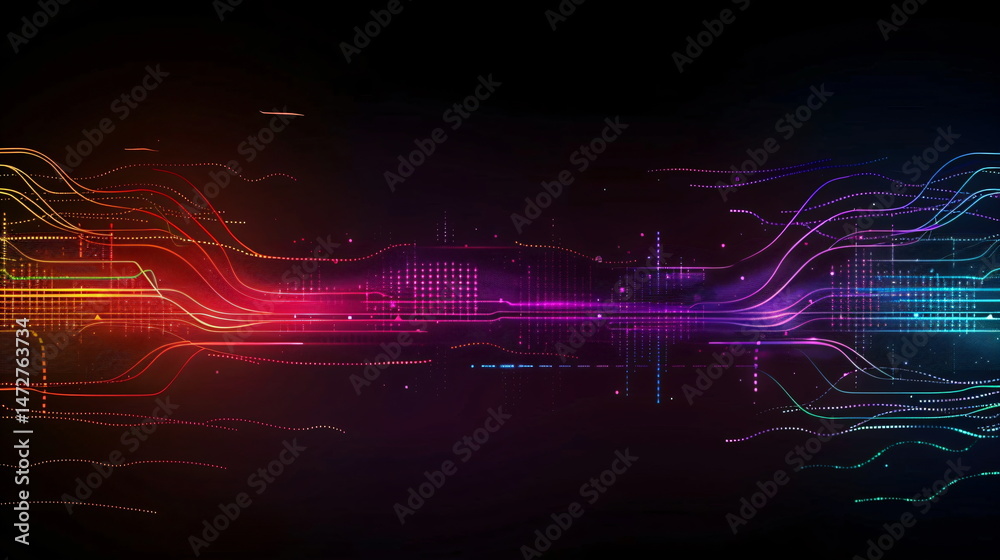 Poster colorful abstract lines and dots on a black background representing digital technology and data flow
