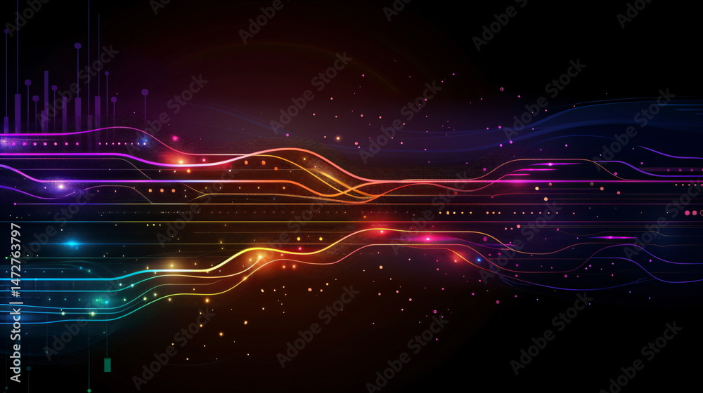 Poster colorful abstract lines and dots on a black background representing digital technology and data flow