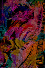 Fototapeta premium Close-up of painterly textures on a wooden surface with thick brushstrokes of metallic gold, crimson red, and icy blue. The image captures tactile depth and artistic layering, emphasizing raw material