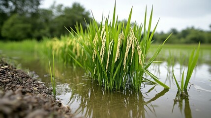 Obraz premium Young rice plants in a flooded paddy field, showing light yellow grains