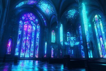 Mystical, vibrant stained glass cathedral