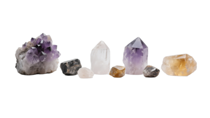 Mystical collection of raw amethyst clusters, quartz points, smoky quartz and citrine on a black background to promote serenity and healing