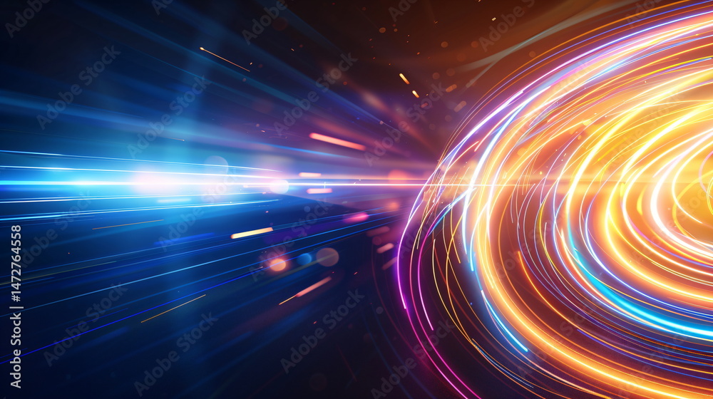 Poster abstract glowing concentric lines and stars on dark background for website design and technology dev