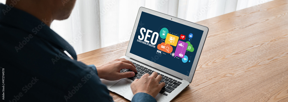 Wall mural seo search engine optimization for modish e-commerce and online retail business showing on computer 
