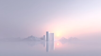 Futuristic minimalist towers reflecting in dreamy pastel sunrise over peaceful water and mountains
