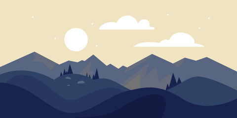 Stylized landscape. mountains in shades of blue with the addition of a white sun (or moon) above the mountains. There are several white clouds in the sky and small stars on a beige background.