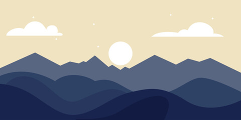 Stylized landscape. mountains in shades of blue with the addition of a white sun (or moon) above the mountains. There are several white clouds in the sky and small stars on a beige background.