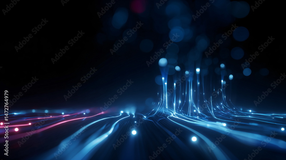 Poster abstract blue light trails flowing on a dark background with bokeh effect. futuristic digital techno