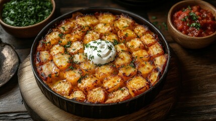 Savory, cheesy baked dish with topping.