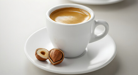 Naklejka premium Hazelnut Espresso Still Life On White For Culinary Concept