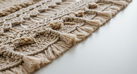 手編みタペストリー 繊細なフリンジ 優しい光で輝く. AI Generated