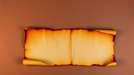 An old, partially burned scroll with a blank parchment surface.

