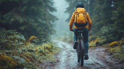 Person on a bicycle in a misty forest path.