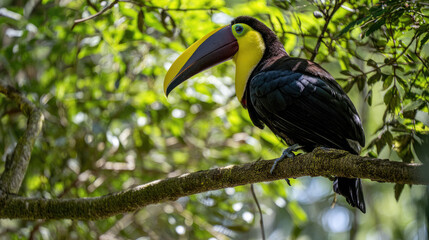 Obraz premium A keel-billed toucan perched on a branch amidst lush green foliage. Its large, colorful beak is prominent