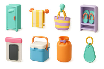 3d beach gear icons set – towel, bag, flip-flops, cooler, water bottle, locker. 3D icon set
