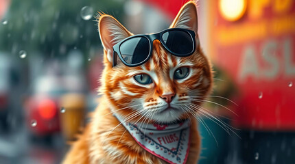 Cool cat with sunglasses and bandana in urban setting.