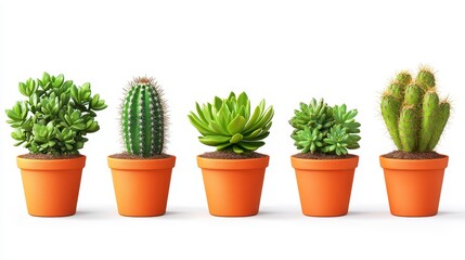 Fototapeta premium Five potted plants in terracotta pots, lined up against a plain white background