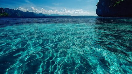 Stunning turquoise ocean water with mountain view background sea sky sun blue calm green clear beach