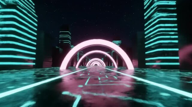 Cyberpunk Cityscape: Neon Lights Tunnel Drive - Futuristic Night Road 8k Video