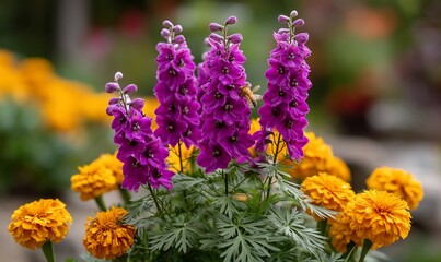 Obraz premium Purple spires surrounded by orange blooms