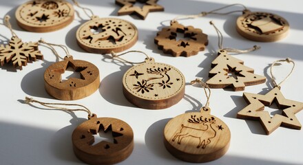 Obraz premium 木彫りのクリスマスオーナメント 繊細な影が美しい光と影の共演. AI Generated