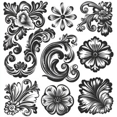 Fototapeta premium A 3x3 grid showcases an assortment of complex floral patterns, complete with dainty leaves and curved motifs