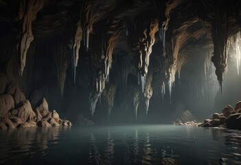 Modern grunge cave  Stalactites, dripping water  Eerie ambiance , modern, water