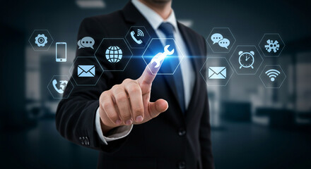 A businessman in a suit pointing at a wrench icon surrounded by other digital interface icons overlayed