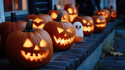 Fototapeta premium Illuminated carved pumpkins line a brick porch at dusk.