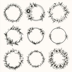 Obraz premium A collection of decorative floral frames boasts an assortment of designs that incorporate flowers and leaves around circular and rectangular shapes