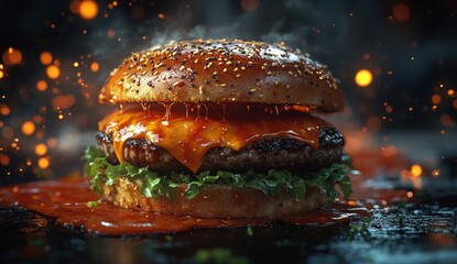 Delicious burger with melted cheese and sauce