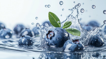 Fresh blueberries splashing in clear water with green leaves on light background. Vibrant fruit refreshment concept symbolizing antioxidants, health, and hydration.