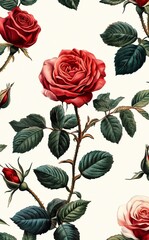 Against a light background, the depiction includes vibrant blue and red roses along with detailed green leaves