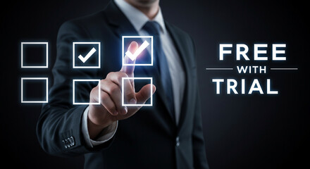 A man in a suit selecting options on a digital checklist with a free with trial advertisement nearby