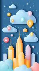 Night cityscape with cloud-based financial icons