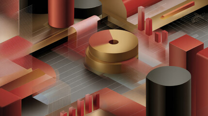 Abstract isometric composition featuring metallic gold and red-toned geometric shapes, cylinders, and bar graphs, layered with translucent elements creating depth and visual interest