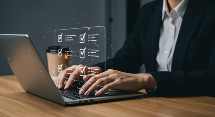 A person types on a laptop with a digital checklist overlay and a coffee cup in the background