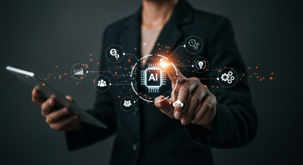 A person interacting with a holographic ai interface while holding a tablet in a dark background