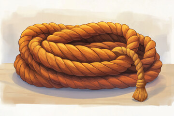 A coiled, golden-brown rope rests on a pale surface.  The thick rope has a frayed end