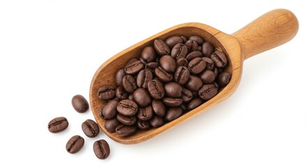 Fototapeta premium Wooden scoop filled with roasted coffee beans and some beans scattered on a white background space